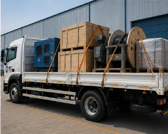 Industrial cargo secured on a transport truck in Oman