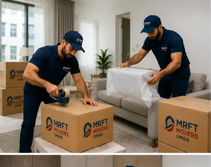 Commercial movers preparing packed business items for relocation in Oman