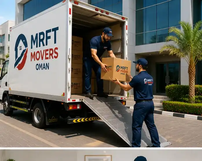 Movers loading commercial boxes into a truck in Oman
