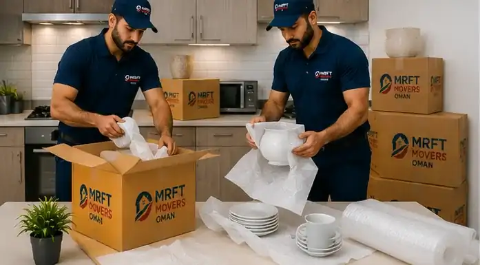Movers wrapping items during a commercial relocation