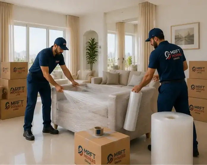 Mover wrapping a sofa in protective plastic film before transport