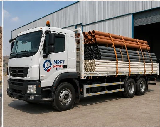 Heavy truck carrying crated industrial cargo across Oman