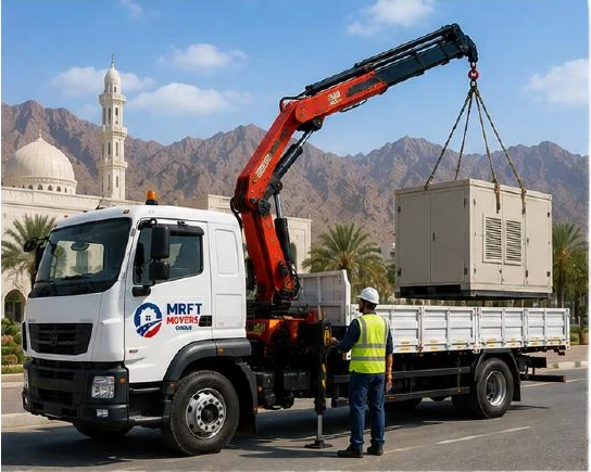 HIAB crane truck lifting and transporting a commercial load in Oman