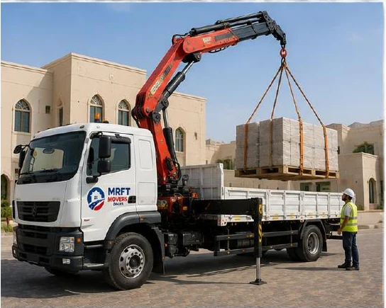 Truck mounted crane preparing a commercial load for transport in Oman