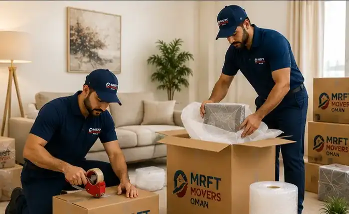 Packing kitchen items into a box lined with protective paper during a home relocation