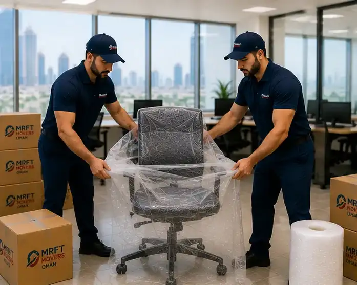 Movers carrying wrapped household furniture out of a family home during a house shift