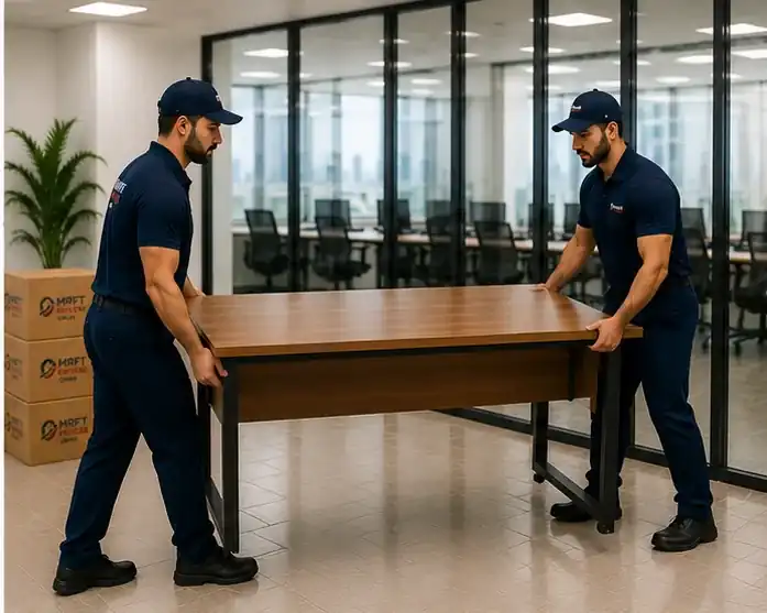 Moving team wrapping furniture before carrying it out of a house