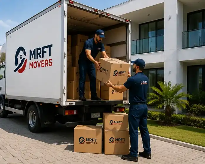 Shipment being loaded at a logistics bay for overseas relocation