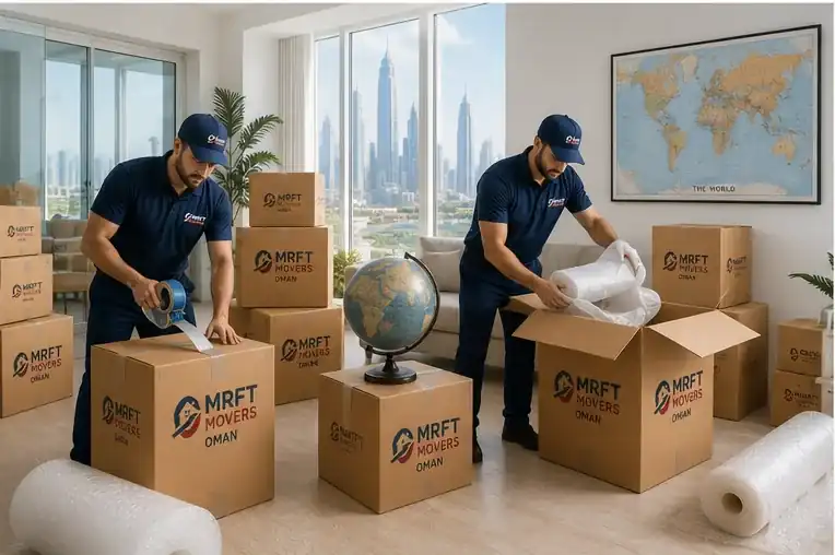 Export-packed and sealed cartons stacked ready for freight