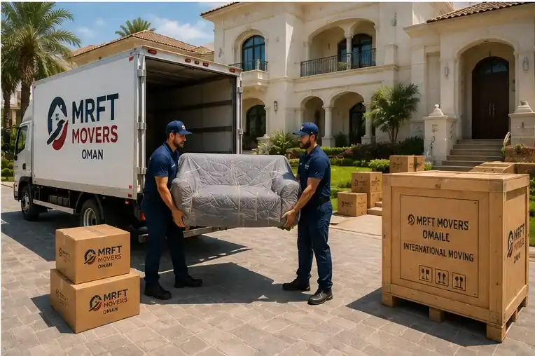 Moving crew preparing a household shipment for export from Oman
