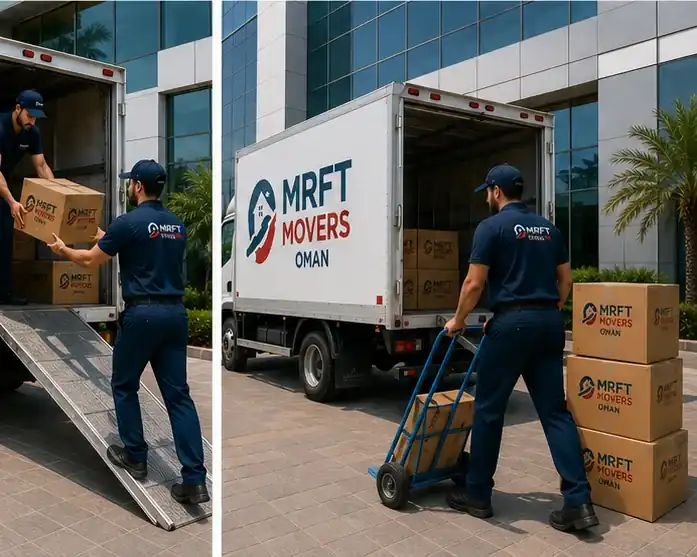 Office furniture being wheeled out to a moving truck