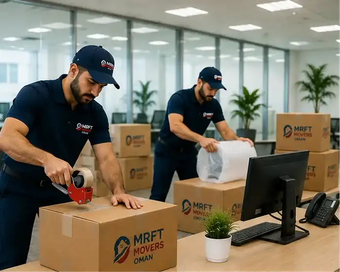 Desks being reassembled and positioned in a new office in Muscat