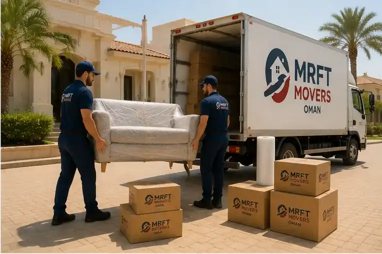 Movers carrying a wrapped sofa and packed boxes during a move in Muscat