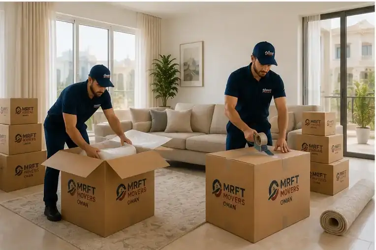 Movers packing household boxes during a moving job in Muscat
