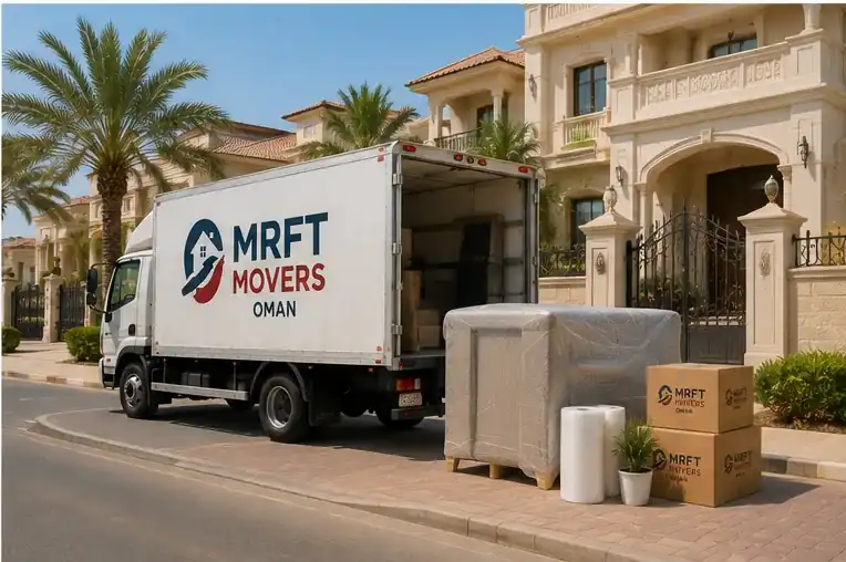 Moving truck and packed furniture ready for delivery in Muscat