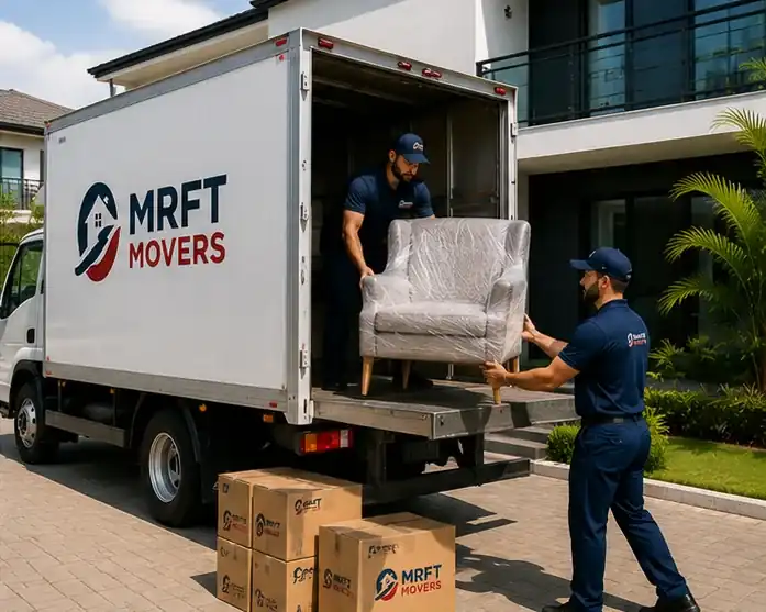 Two movers carrying stacked boxes down a staircase during a house move