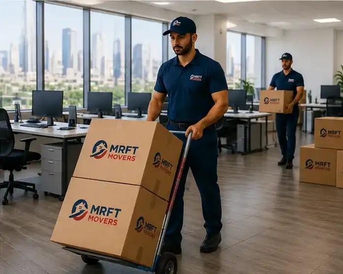 Mover carrying packed boxes during a packing and unpacking service